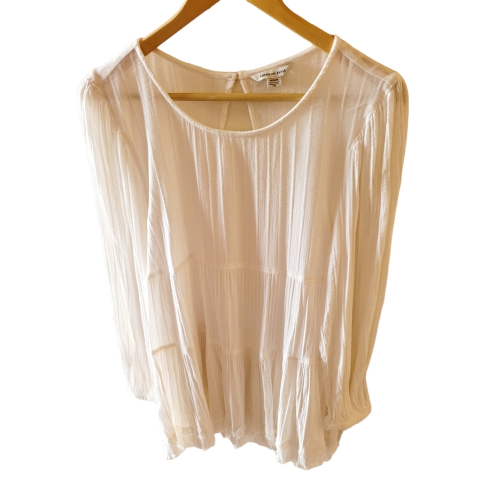 American Eagle White Gauze Baby Doll Top Blouse Lagenlook Boho Hippie Festival